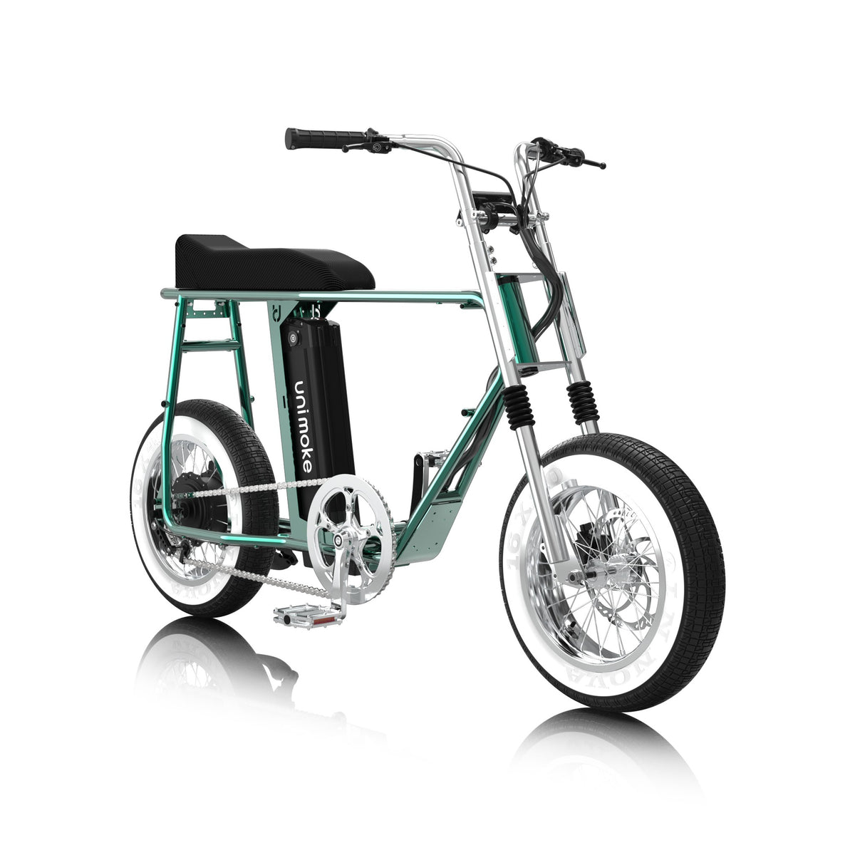 Unimoke minibike Clear Coat Beetle green, front three-quarter view