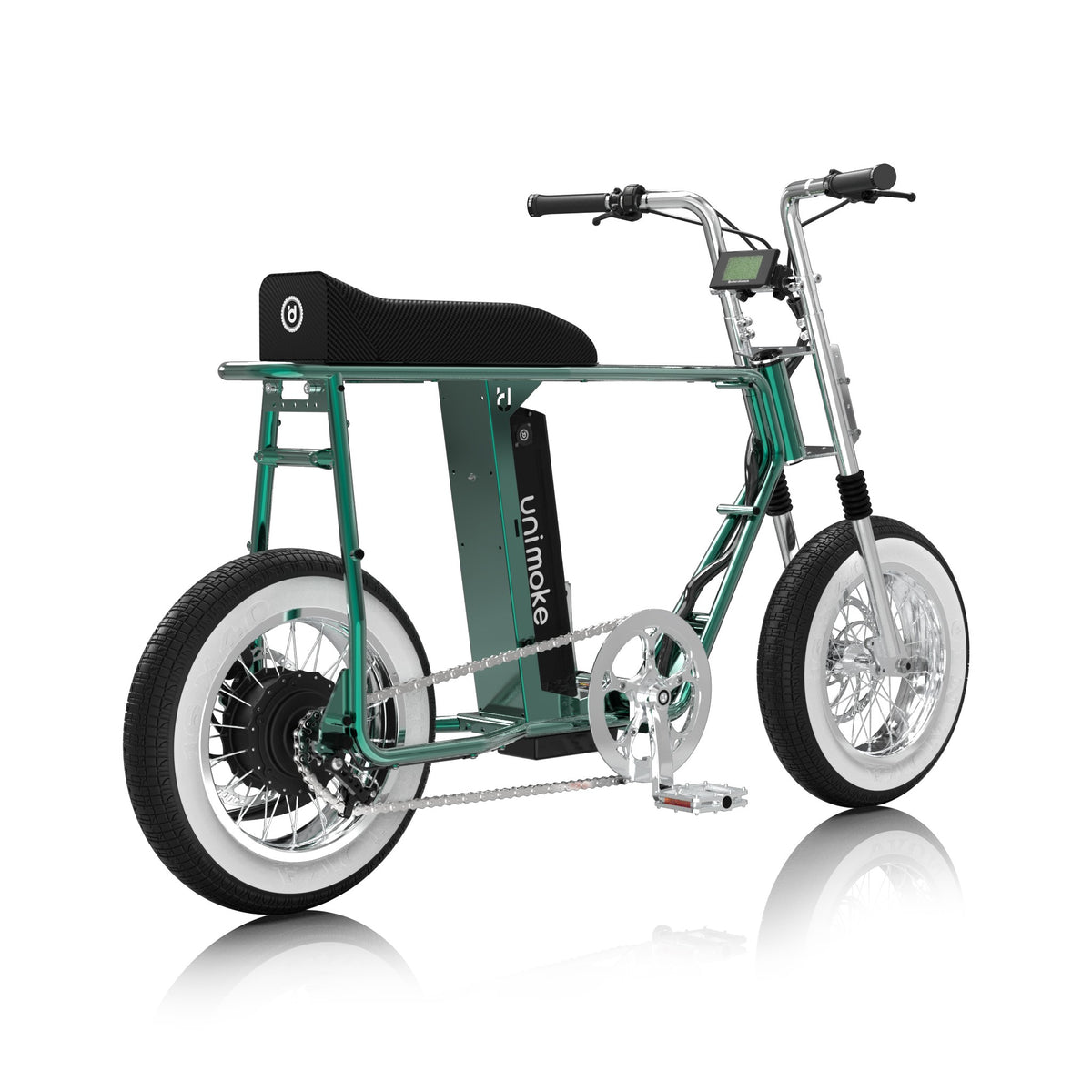 Unimoke minibike Clear Coat Beetle green, rear three-quarter view