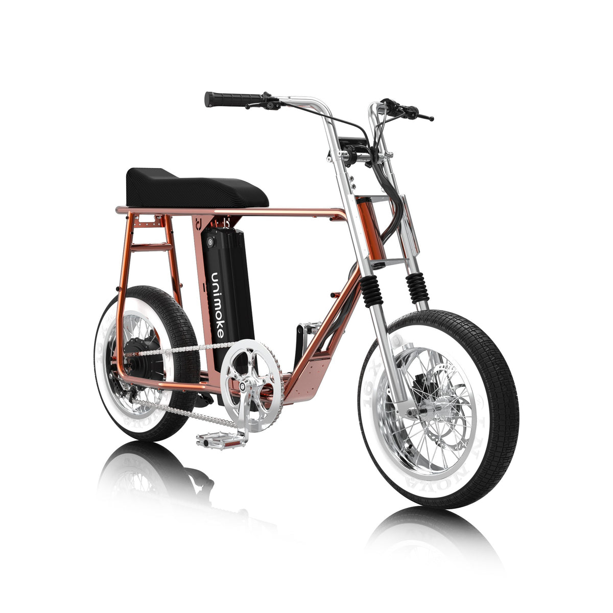 Unimoke minibike Clear Coat Flame orange, front three-quarter view