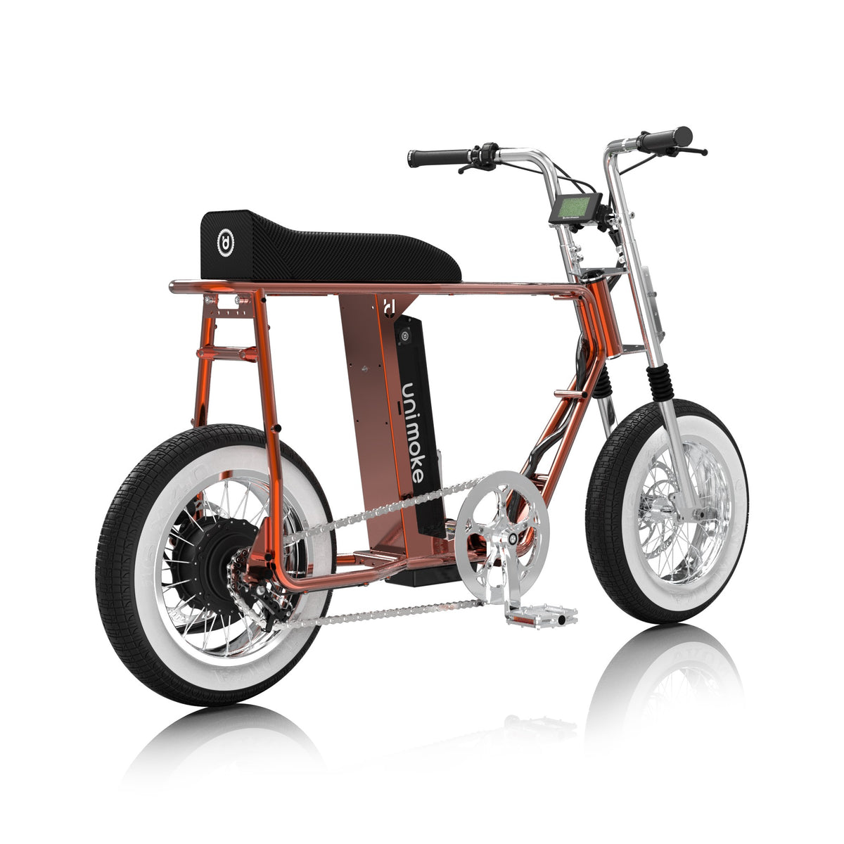 Unimoke minibike Clear Coat Flame orange, rear three-quarter view
