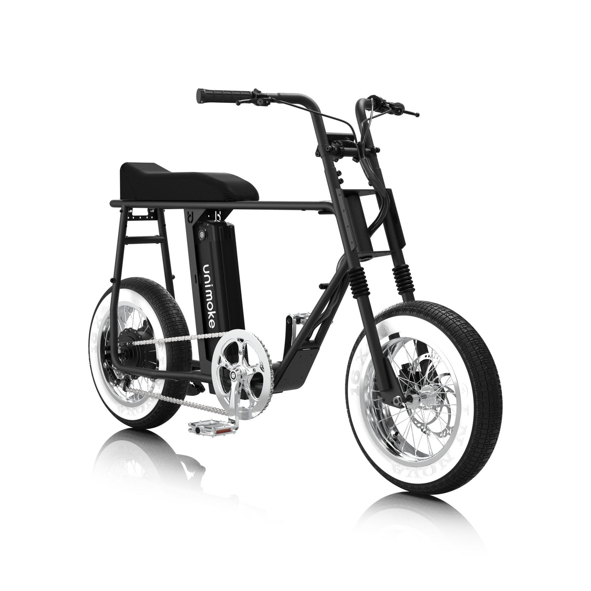 Unimoke minibike Clear Coat Matte black, front three-quarter view