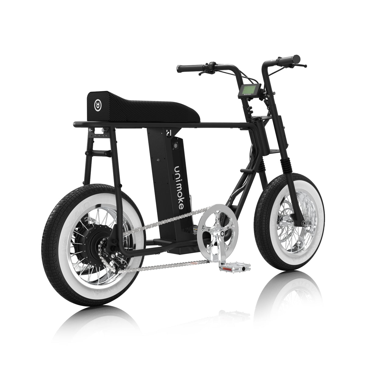 Unimoke minibike Clear Coat Matte black, rear three-quarter view