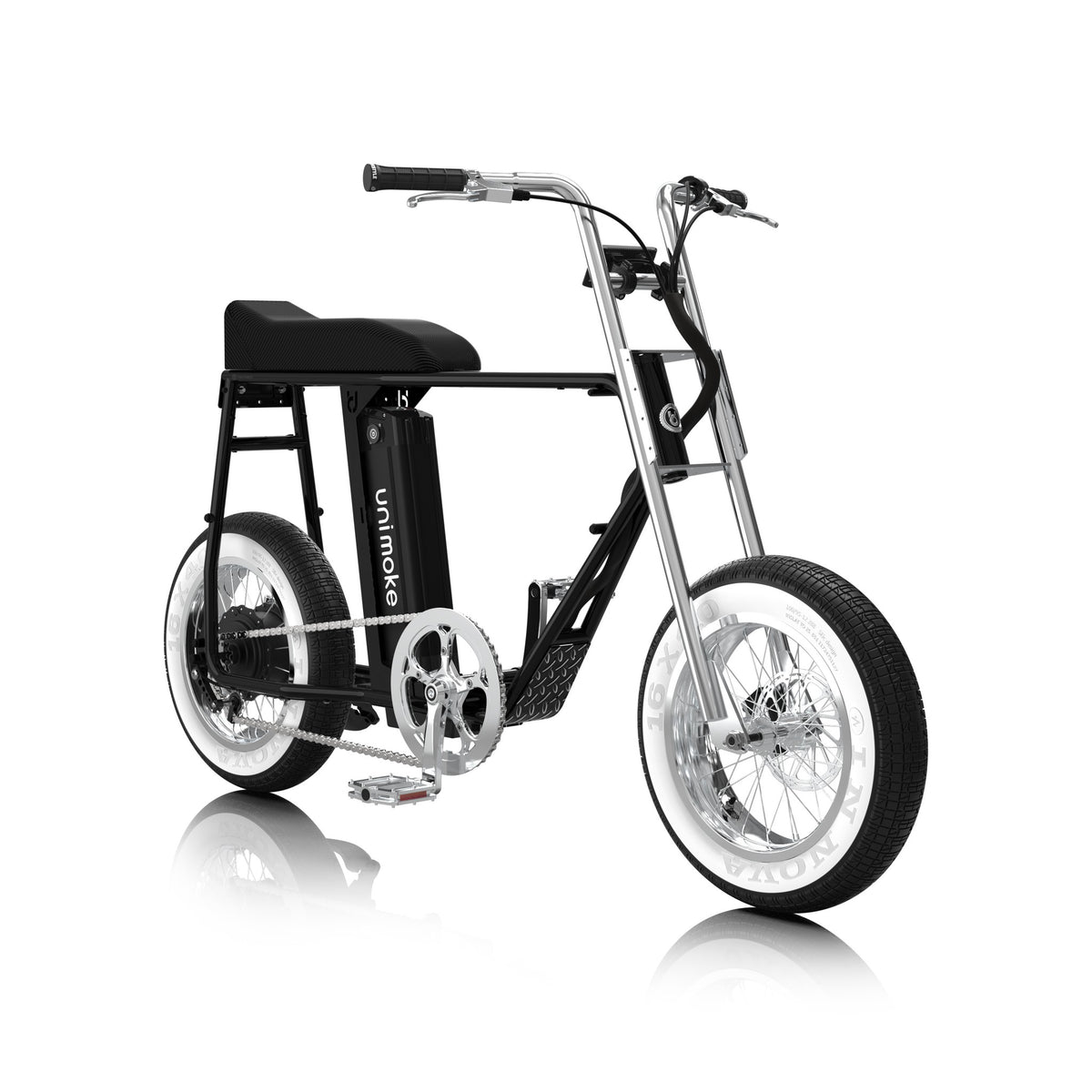 Unimoke minibike Pearl black, front three-quarter view