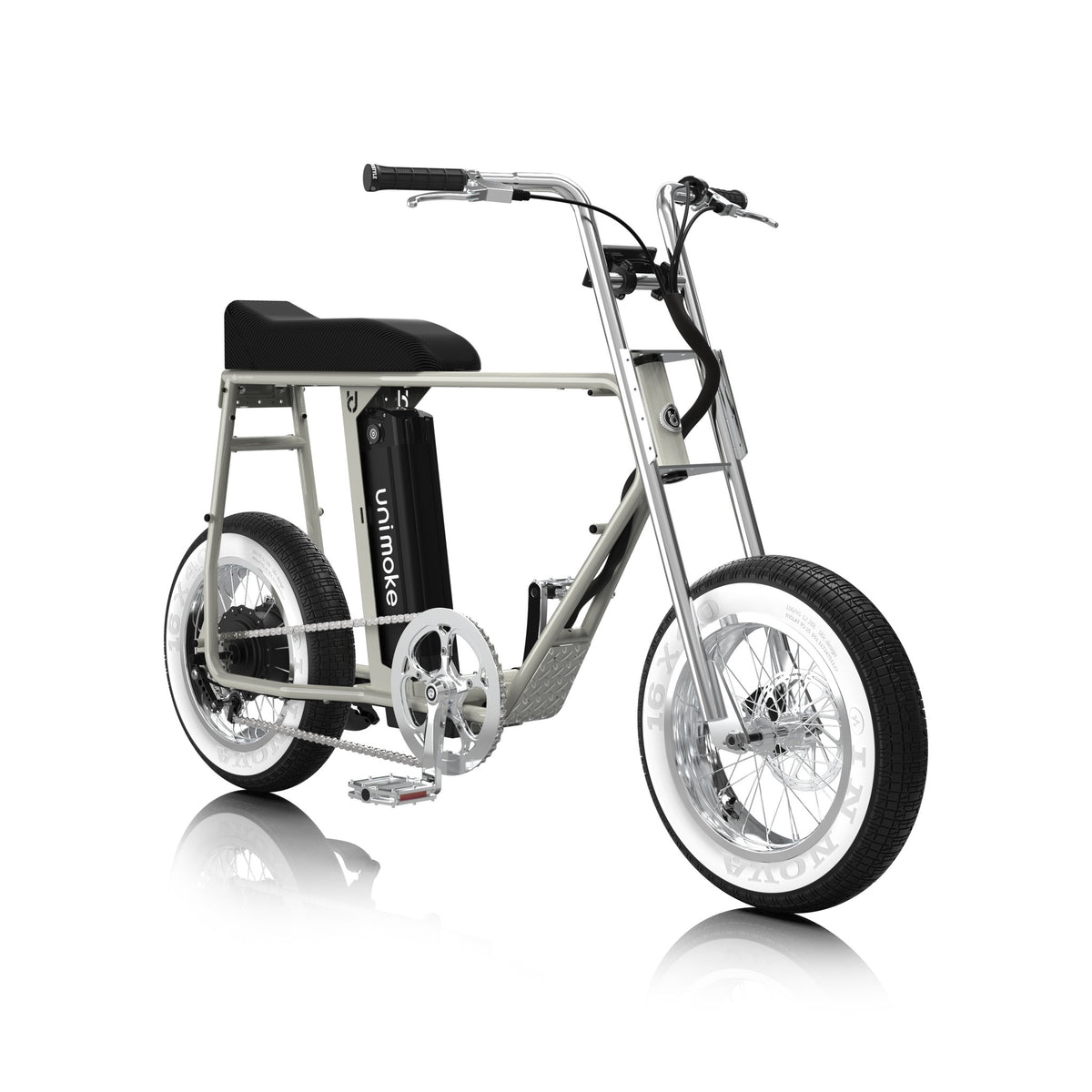 Unimoke minibike Sea salt grey, front three-quarter view