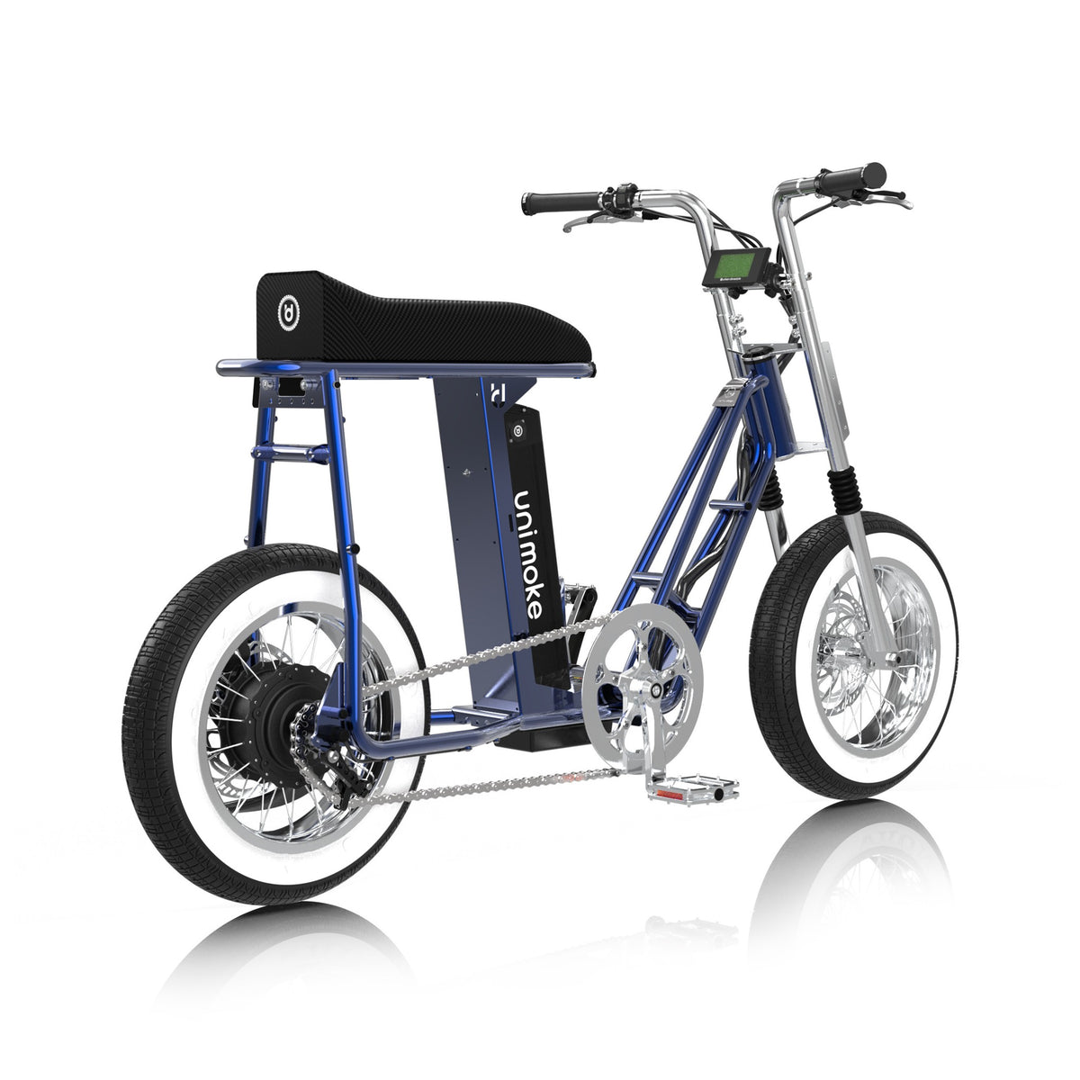 Unimoke miniswing Clear Coat Sapphire blue, rear three-quarter view