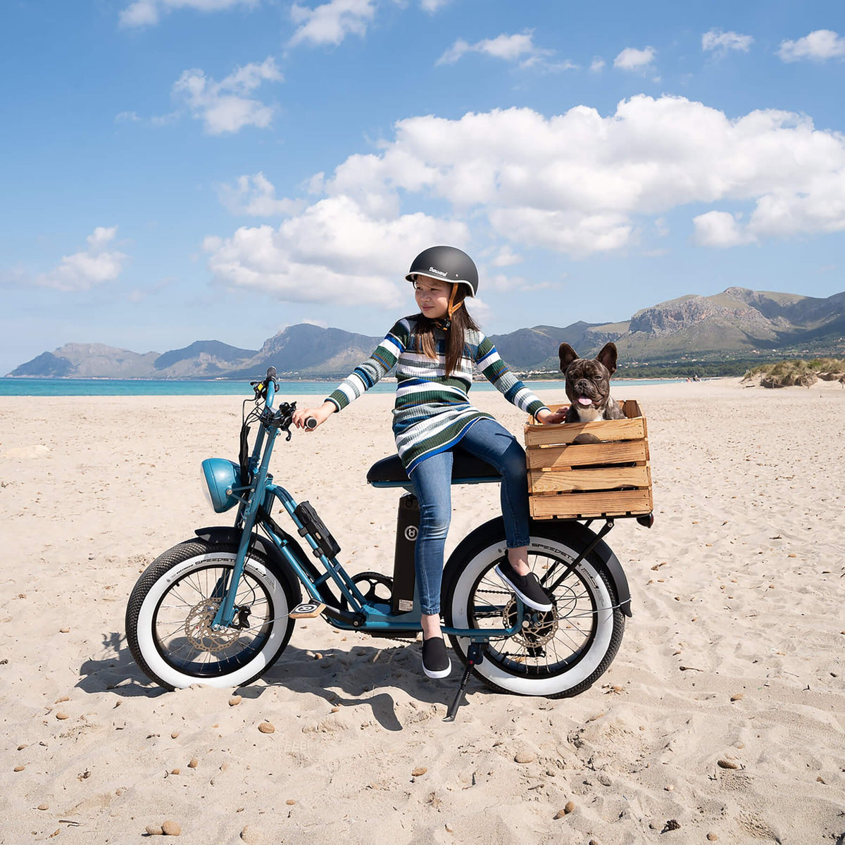 Rider with a dog in a rear crate on a Unimoke SW at the beach
